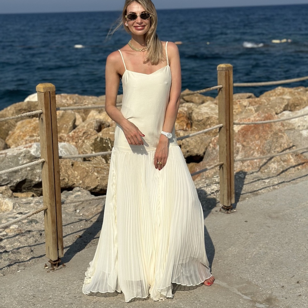 Ivory dress with pleated skirt silk women dress